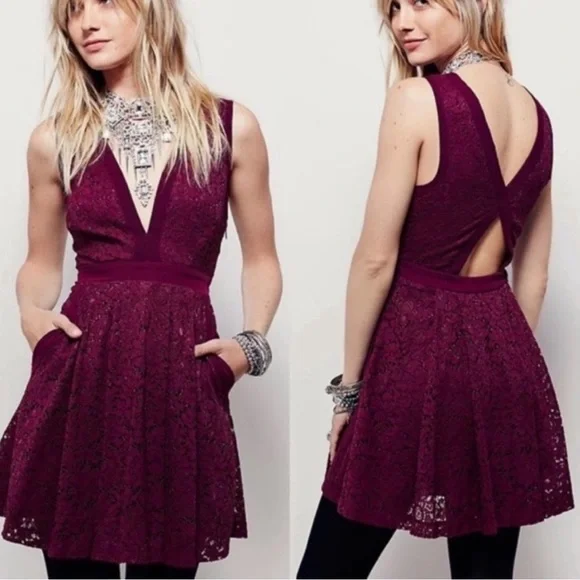 Free People Floral lace dress burgundy purple pockets - Picture 2 of 5